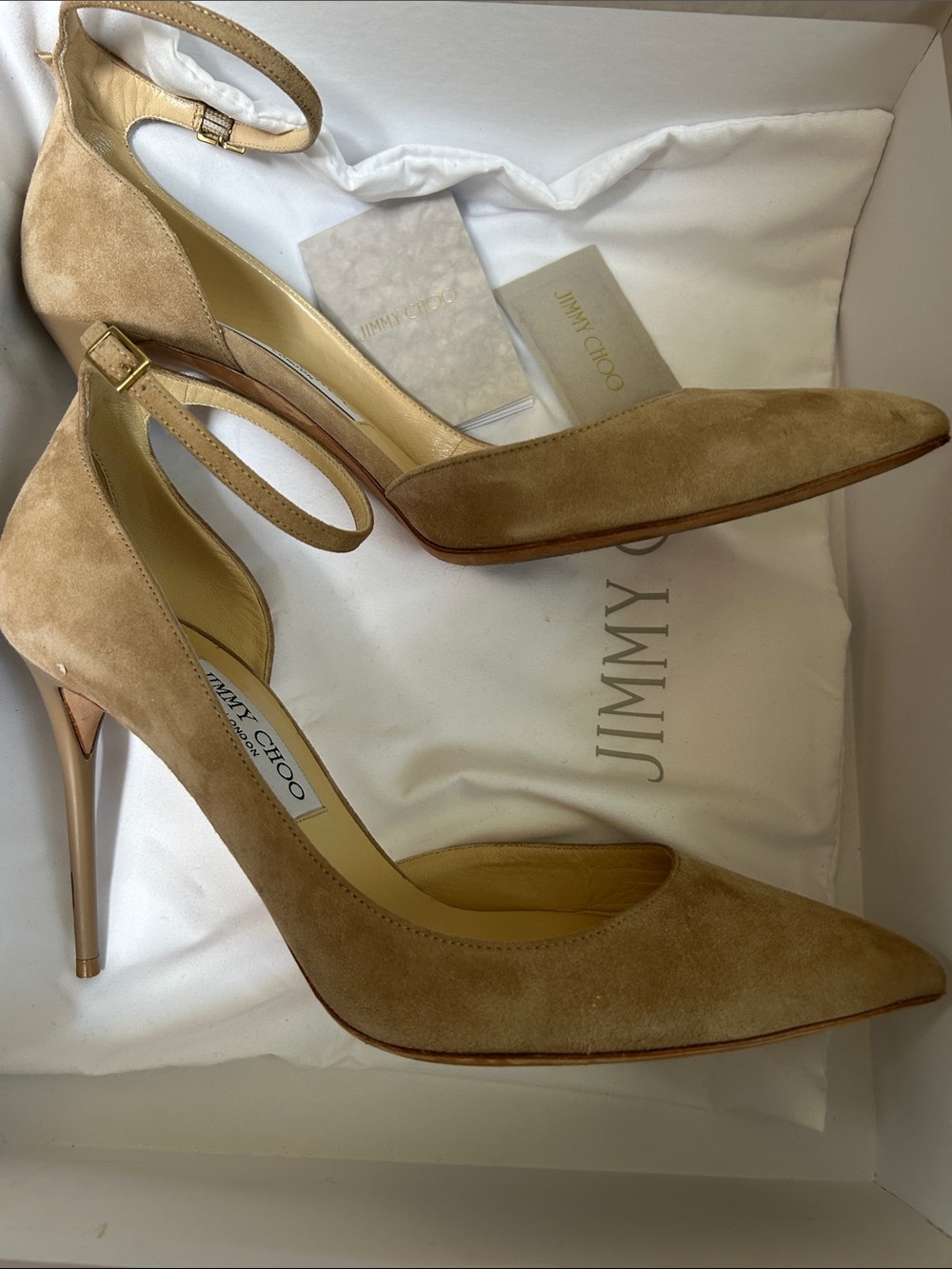 Jimmy Choo Lucy 100 Beige Suede Pointed-Toe Ankle-Strap Pumps - Picture 2 of 5